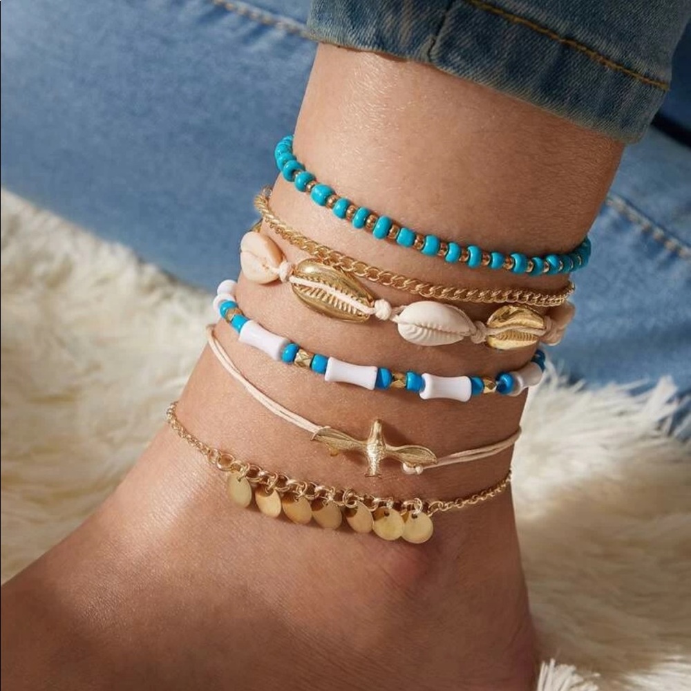 Cowrie Shell & Dove Beaded Anklet Set